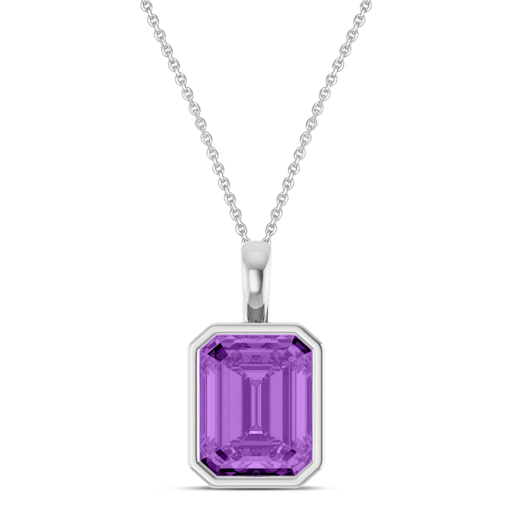 Emerald Cut Lab Amethyst Bezel Set Pendant Necklace 14K White Gold (3.00ct)