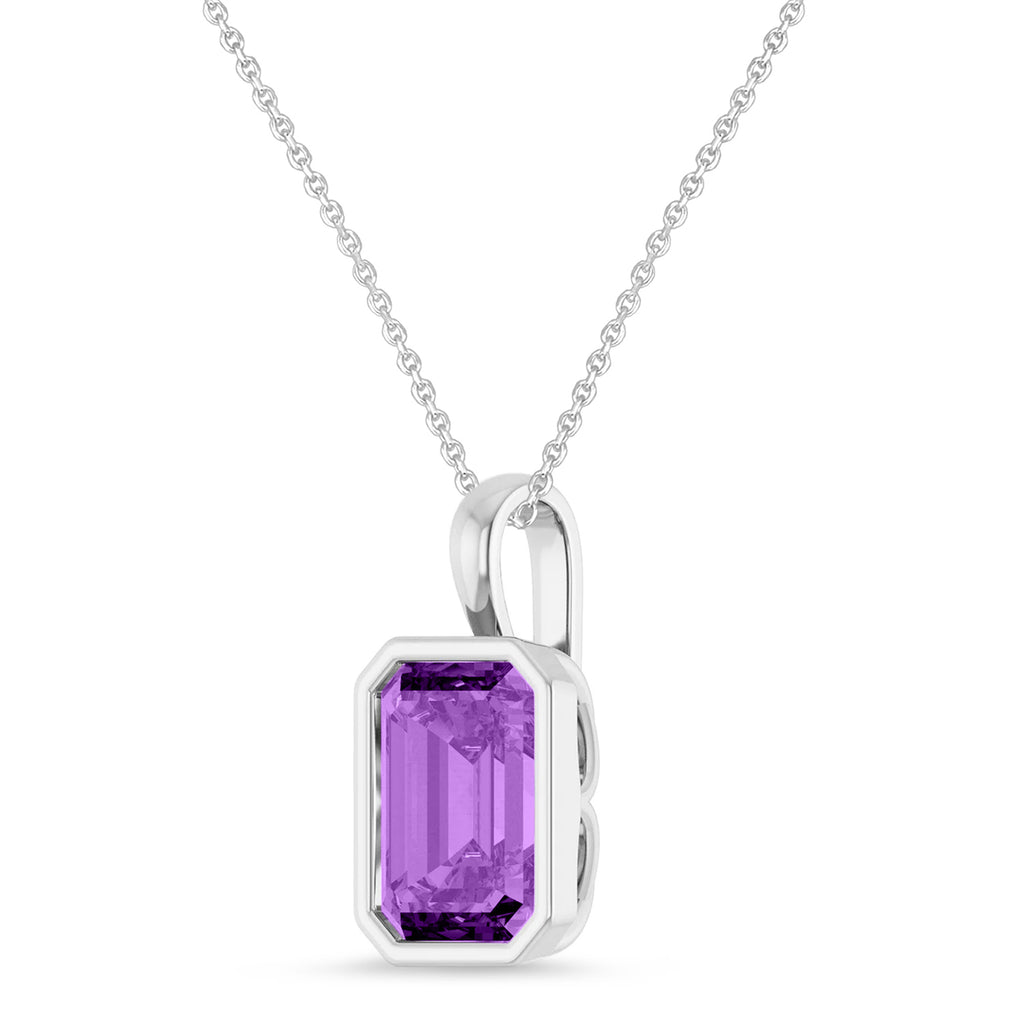 Emerald Cut Lab Amethyst Bezel Set Pendant Necklace 14K White Gold (3.00ct)