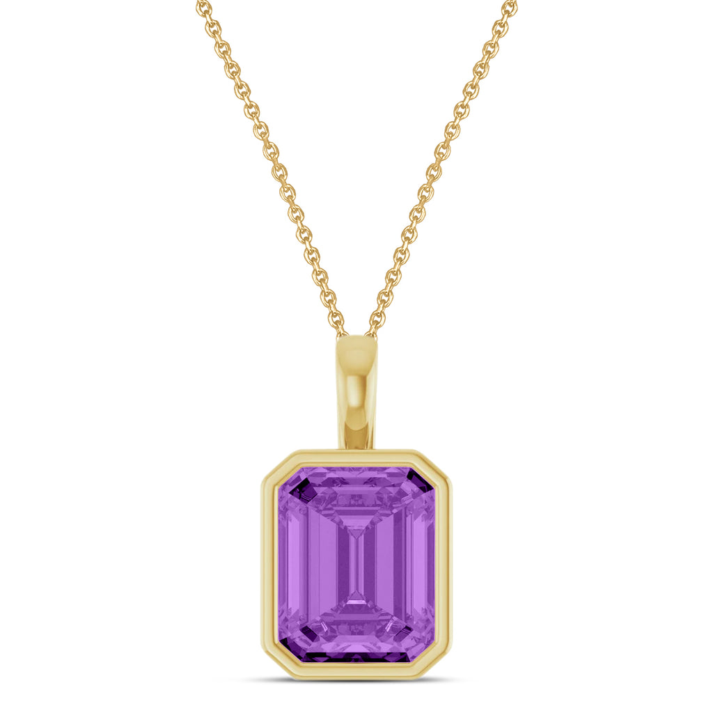 Emerald Cut Lab Amethyst Bezel Set Pendant Necklace 14K Yellow Gold (3.00ct)