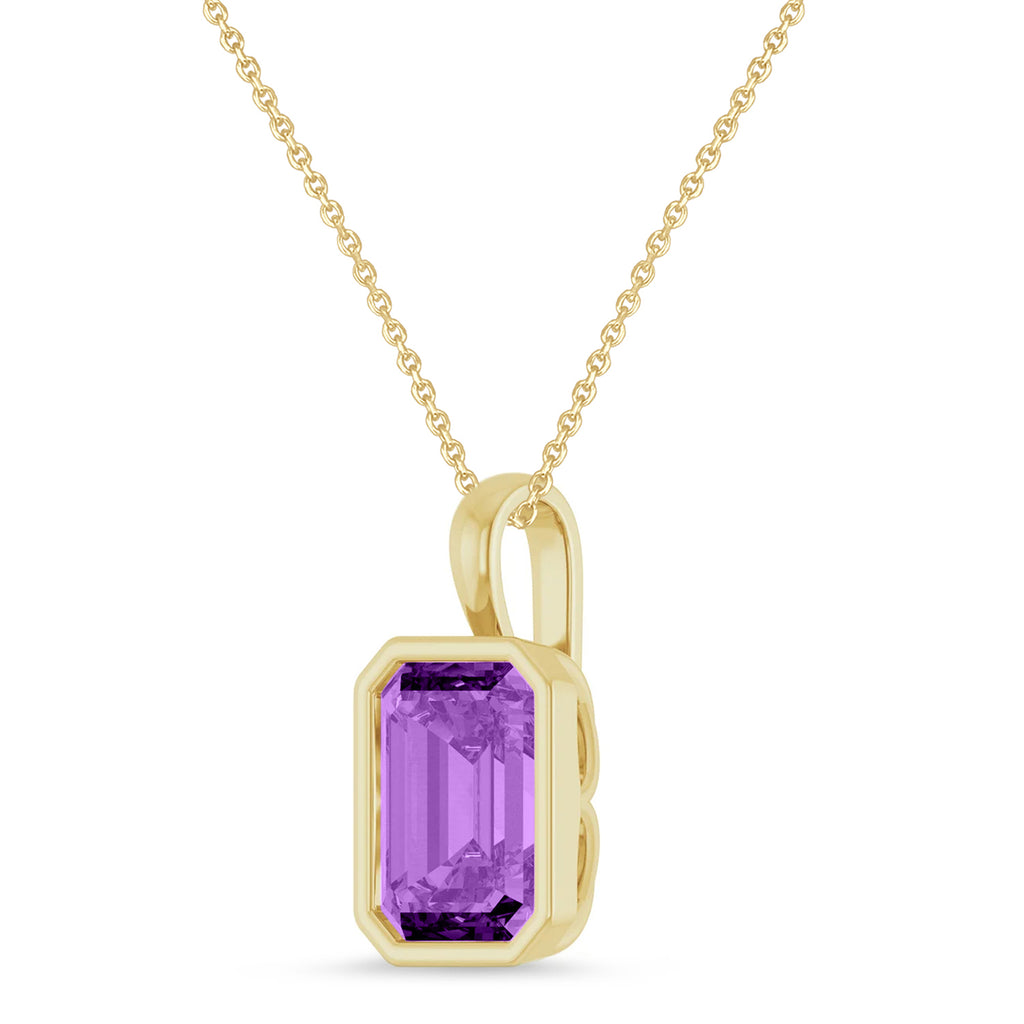 Emerald Cut Lab Amethyst Bezel Set Pendant Necklace 14K Yellow Gold (3.00ct)