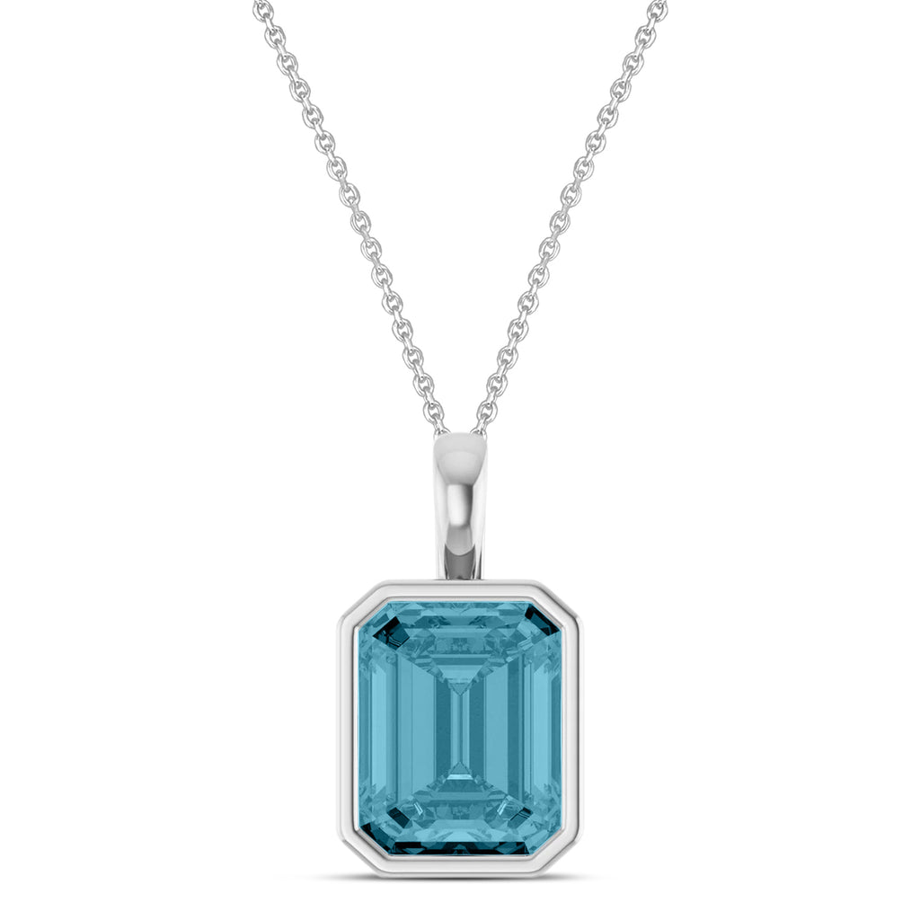 Emerald Cut Lab Aquamarine Bezel Set Pendant Necklace 14K White Gold (3.00ct)