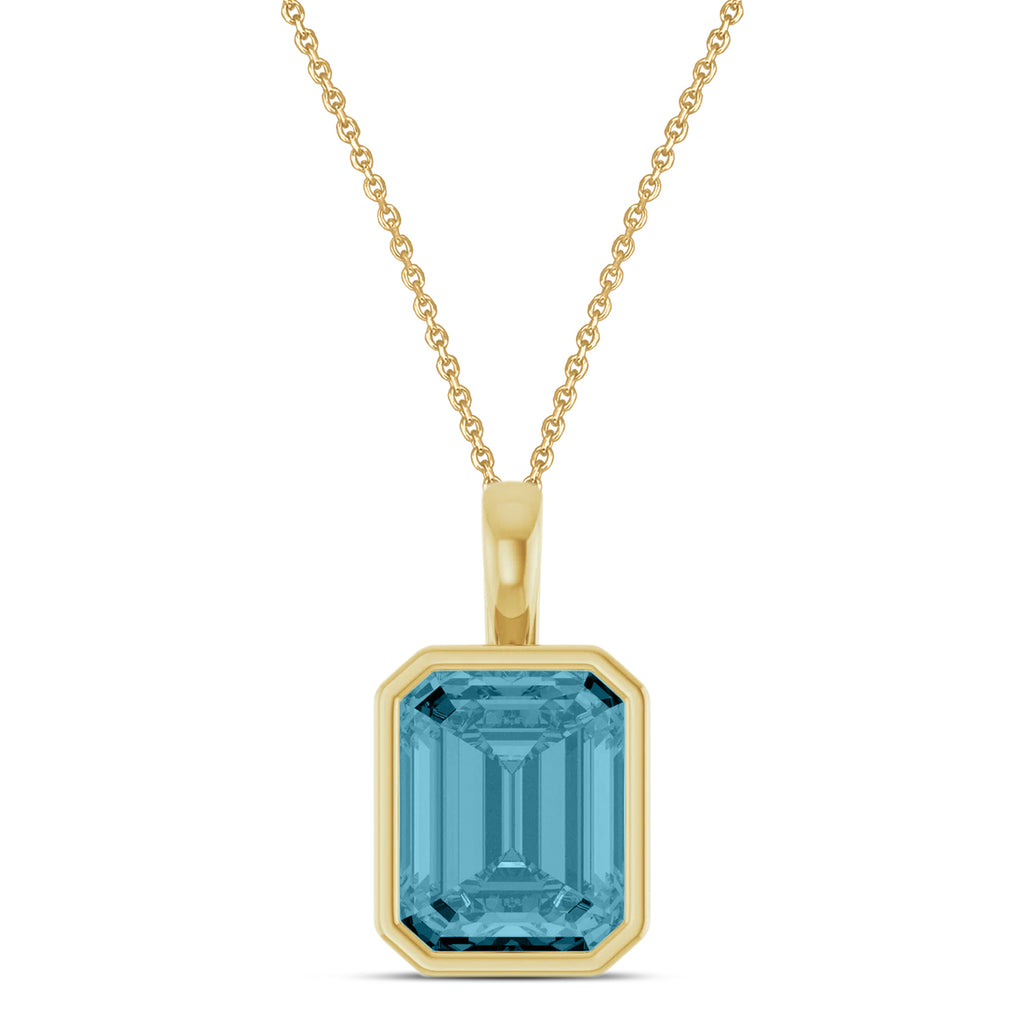 Emerald Cut Lab Aquamarine Bezel Set Pendant Necklace 14K Yellow Gold (3.00ct)