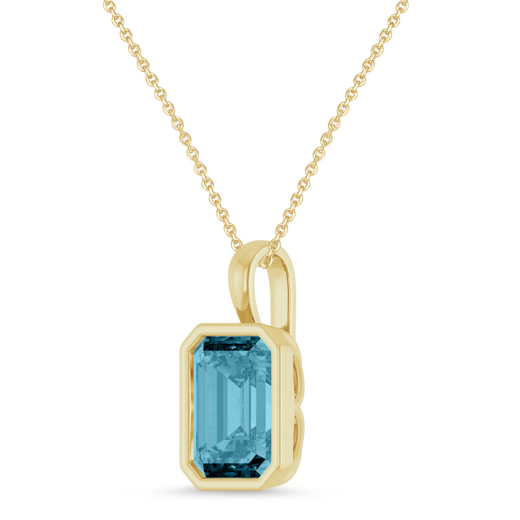 Emerald Cut Lab Aquamarine Bezel Set Pendant Necklace 14K Yellow Gold (3.00ct)