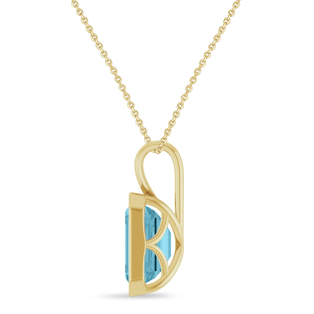 Emerald Cut Lab Aquamarine Bezel Set Pendant Necklace 14K Yellow Gold (3.00ct)