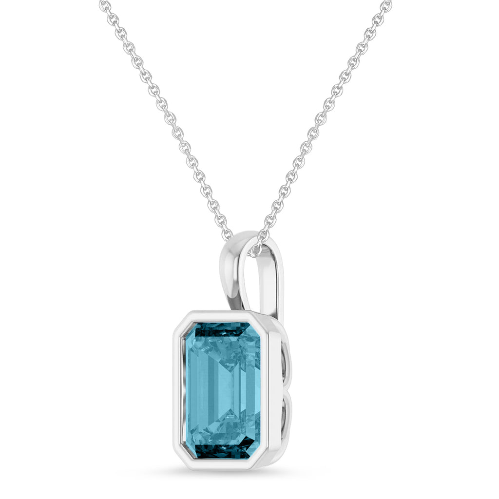 Emerald Cut Lab Aquamarine Bezel Set Pendant Necklace Sterling Silver (3.00ct)