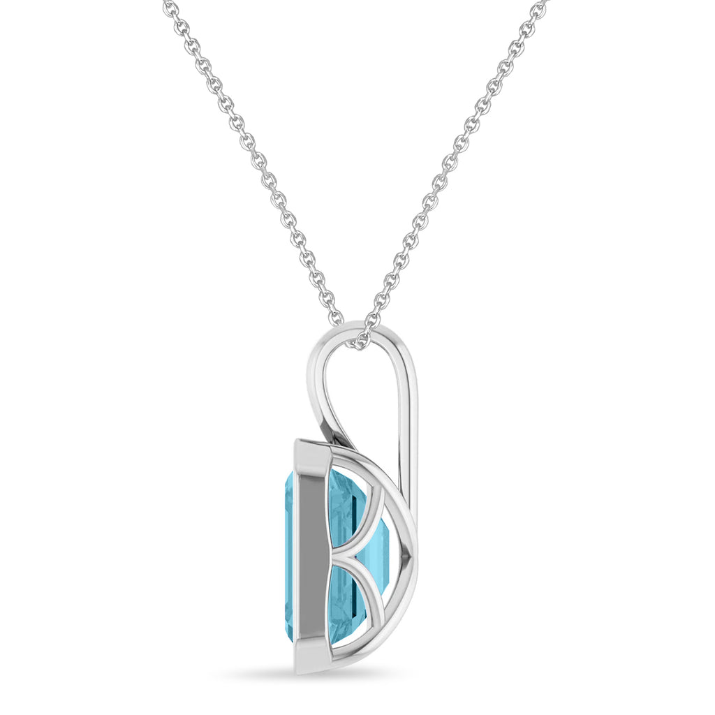 Emerald Cut Lab Aquamarine Bezel Set Pendant Necklace Sterling Silver (3.00ct)