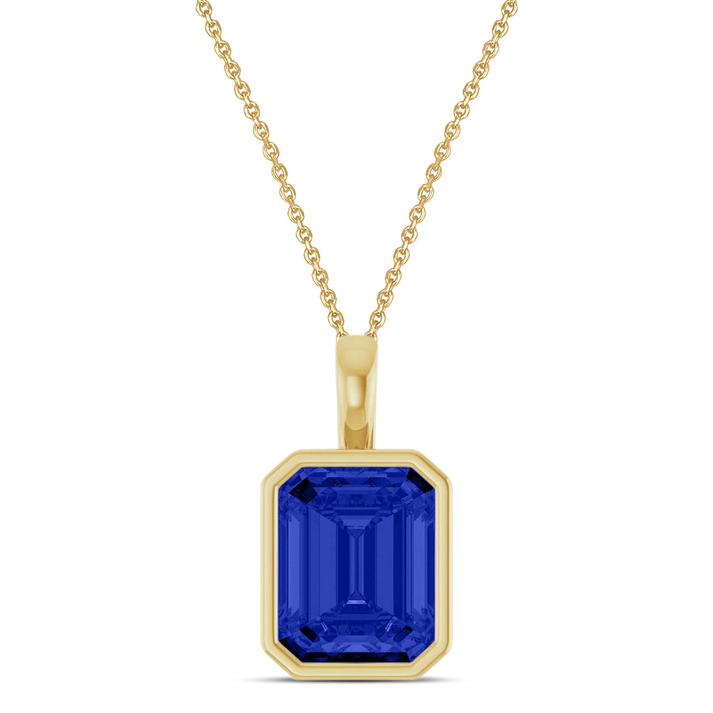 Emerald Cut Lab Blue Sapphire Bezel Set Pendant Necklace 14K Yellow Gold (4.50ct)
