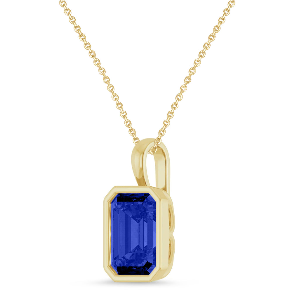 Emerald Cut Lab Blue Sapphire Bezel Set Pendant Necklace 14K Yellow Gold (4.50ct)