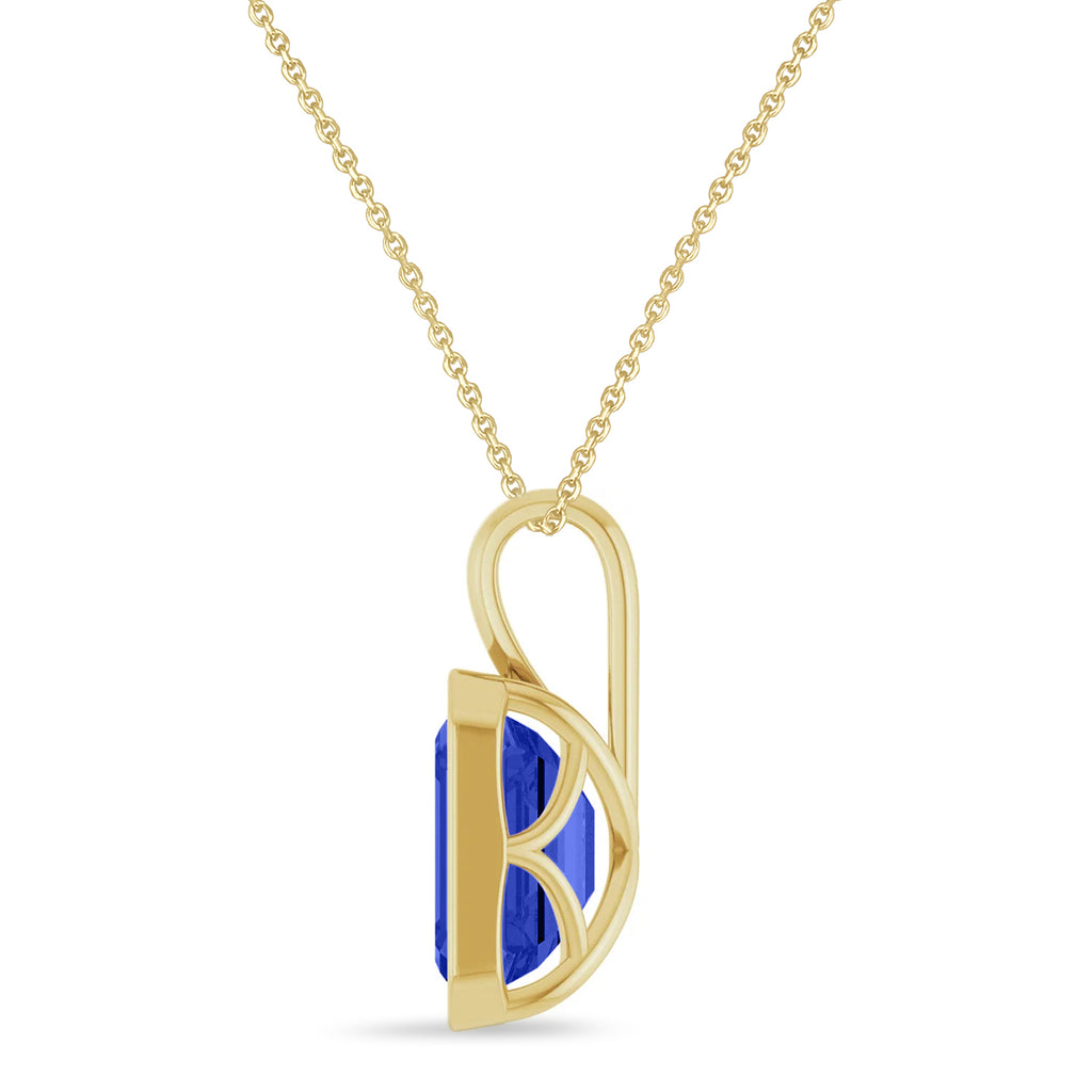 Emerald Cut Lab Blue Sapphire Bezel Set Pendant Necklace 14K Yellow Gold (4.50ct)