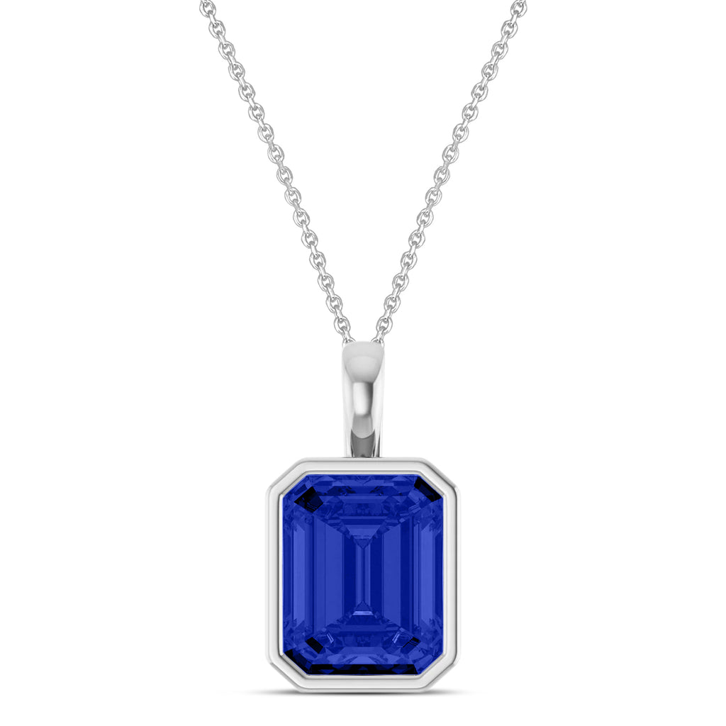 Emerald Cut Lab Blue Sapphire Bezel Set Pendant Necklace Sterling Silver (4.50ct)