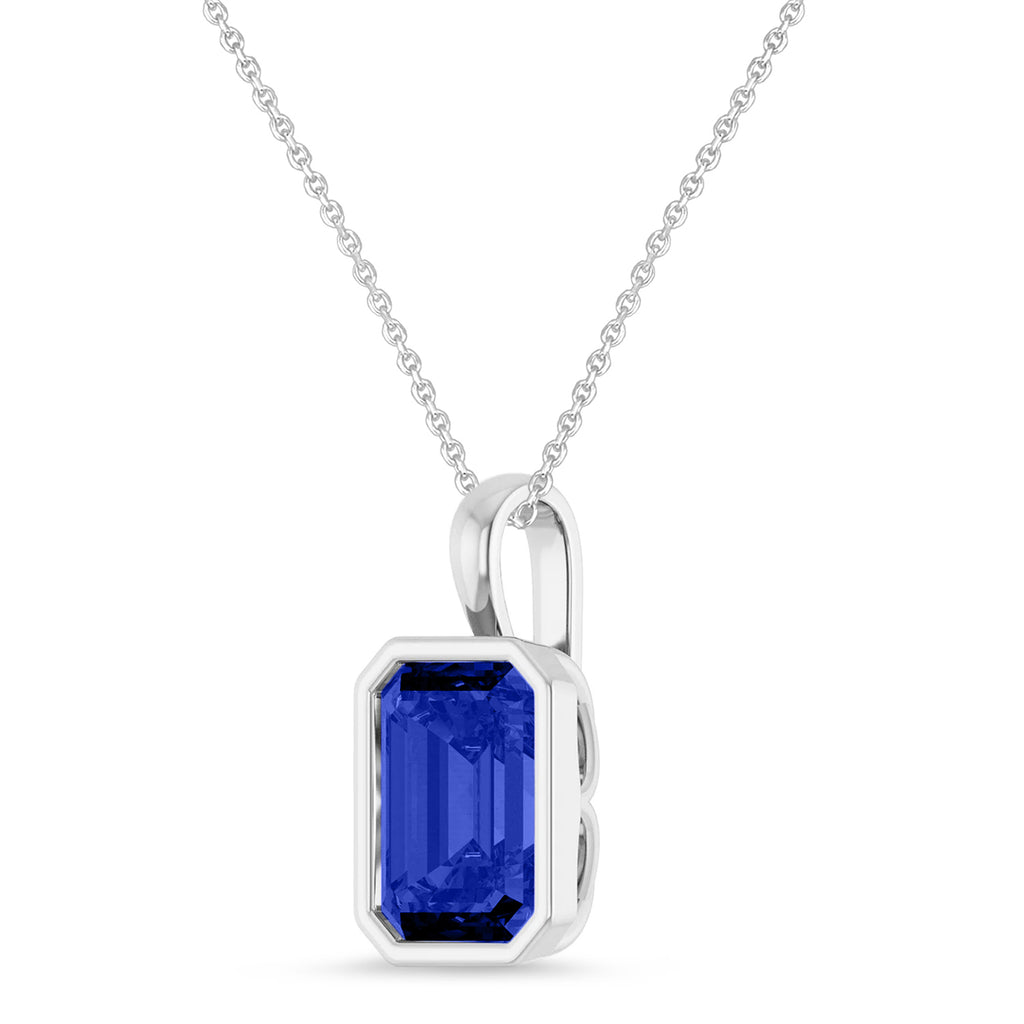 Emerald Cut Lab Blue Sapphire Bezel Set Pendant Necklace Sterling Silver (4.50ct)