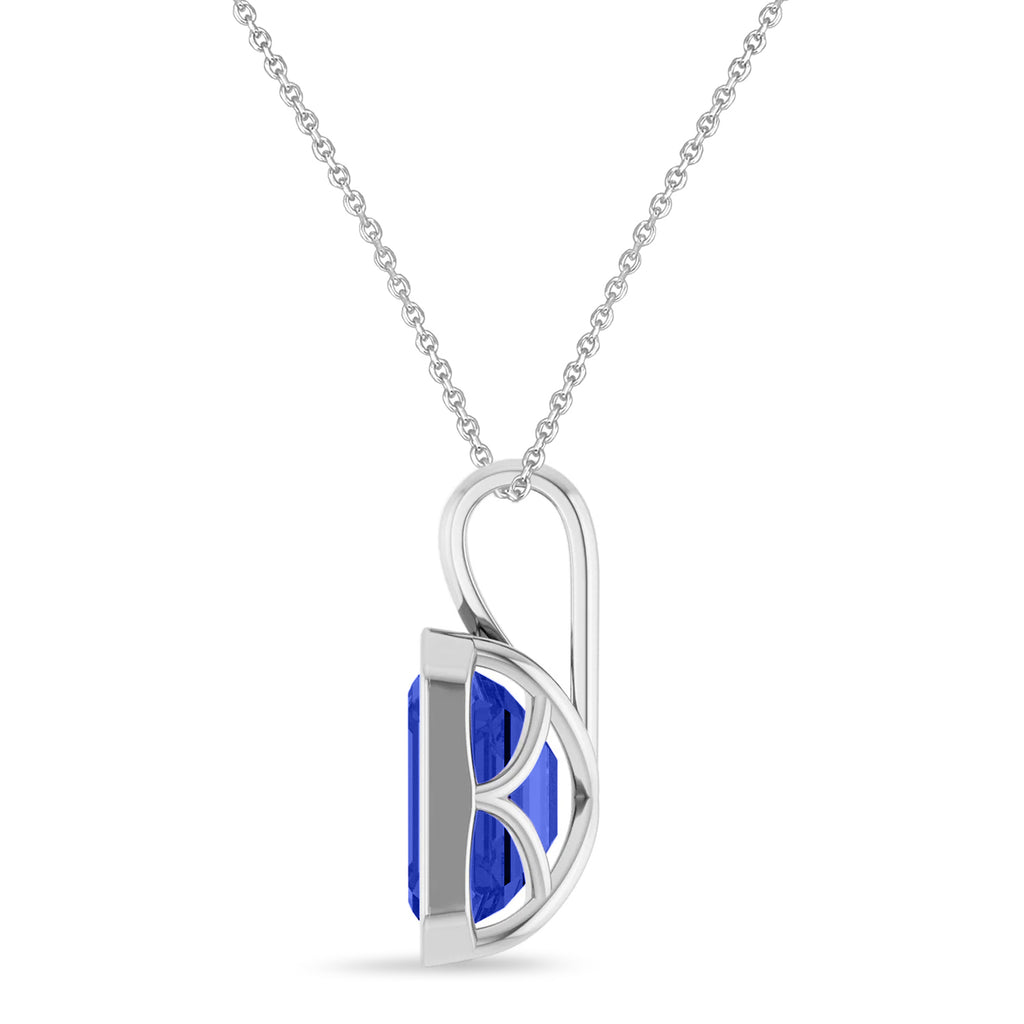 Emerald Cut Lab Blue Sapphire Bezel Set Pendant Necklace Sterling Silver (4.50ct)