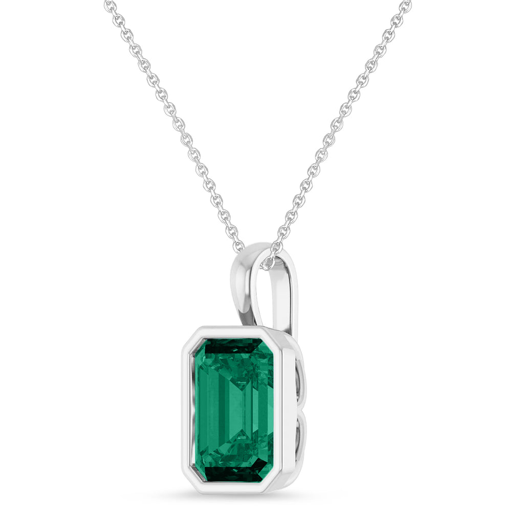 Emerald Cut Lab Emerald Bezel Set Pendant Necklace 14K White Gold (3.00ct)
