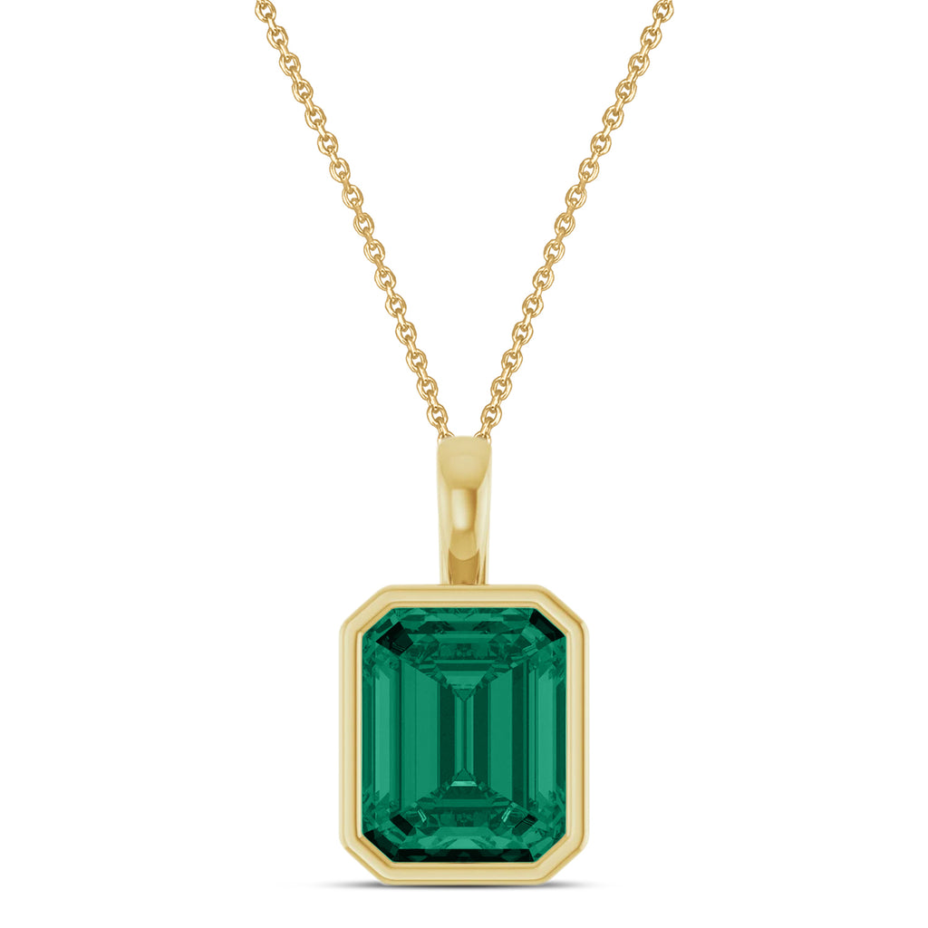 Emerald Cut Lab Emerald Bezel Set Pendant Necklace 14K Yellow Gold (3.00ct)
