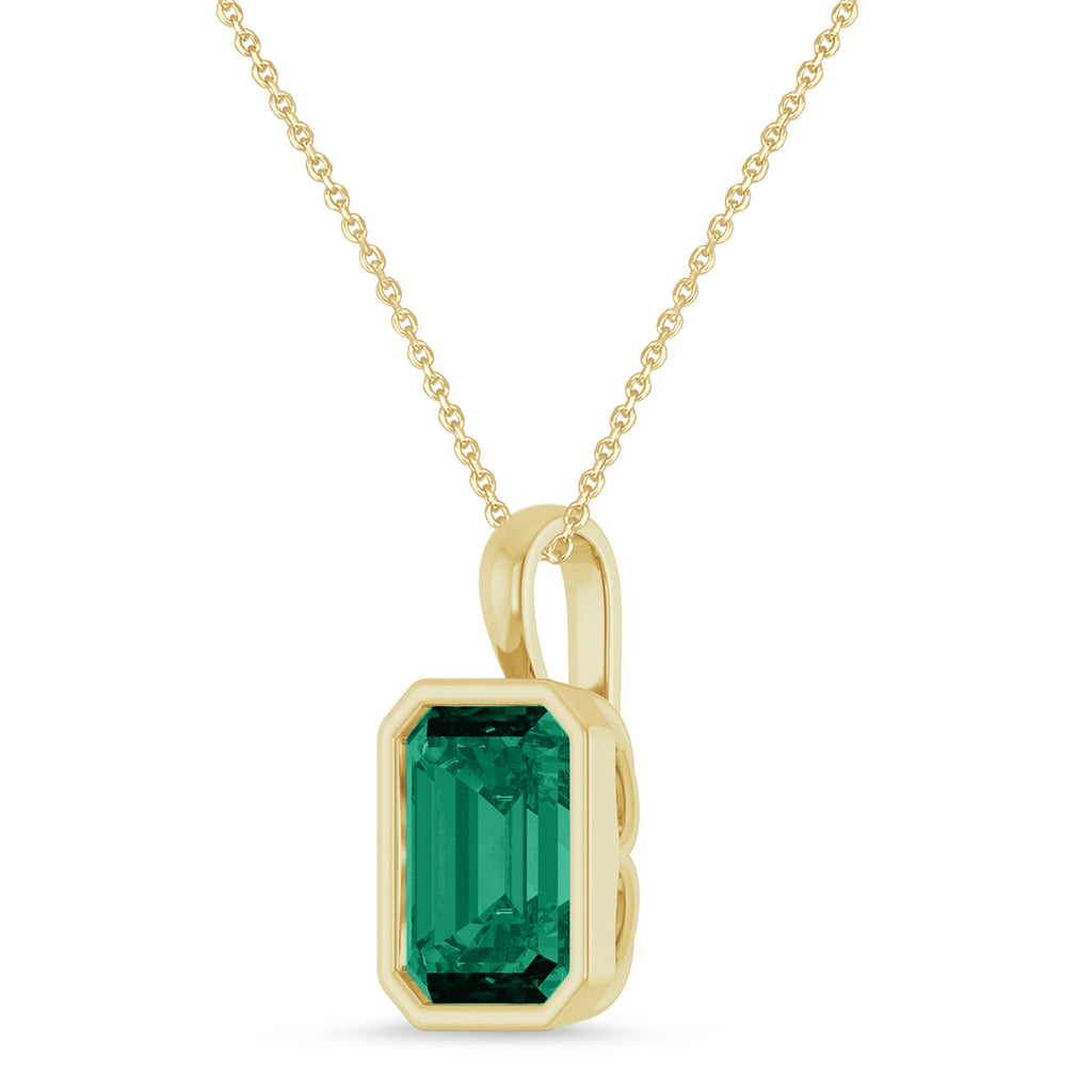 Emerald Cut Lab Emerald Bezel Set Pendant Necklace 14K Yellow Gold (3.00ct)