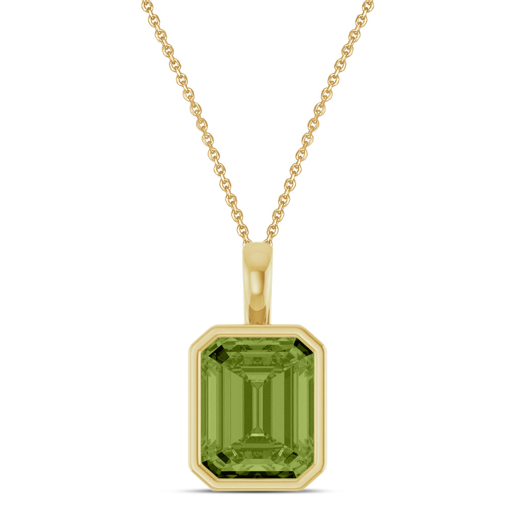 Emerald Cut Lab Peridot Bezel Set Pendant Necklace 14K Yellow Gold (3.60ct)