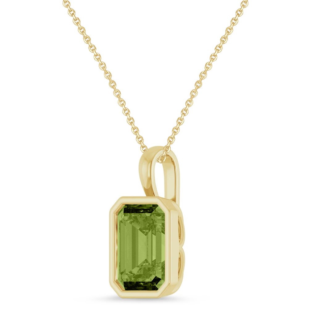 Emerald Cut Lab Peridot Bezel Set Pendant Necklace 14K Yellow Gold (3.60ct)