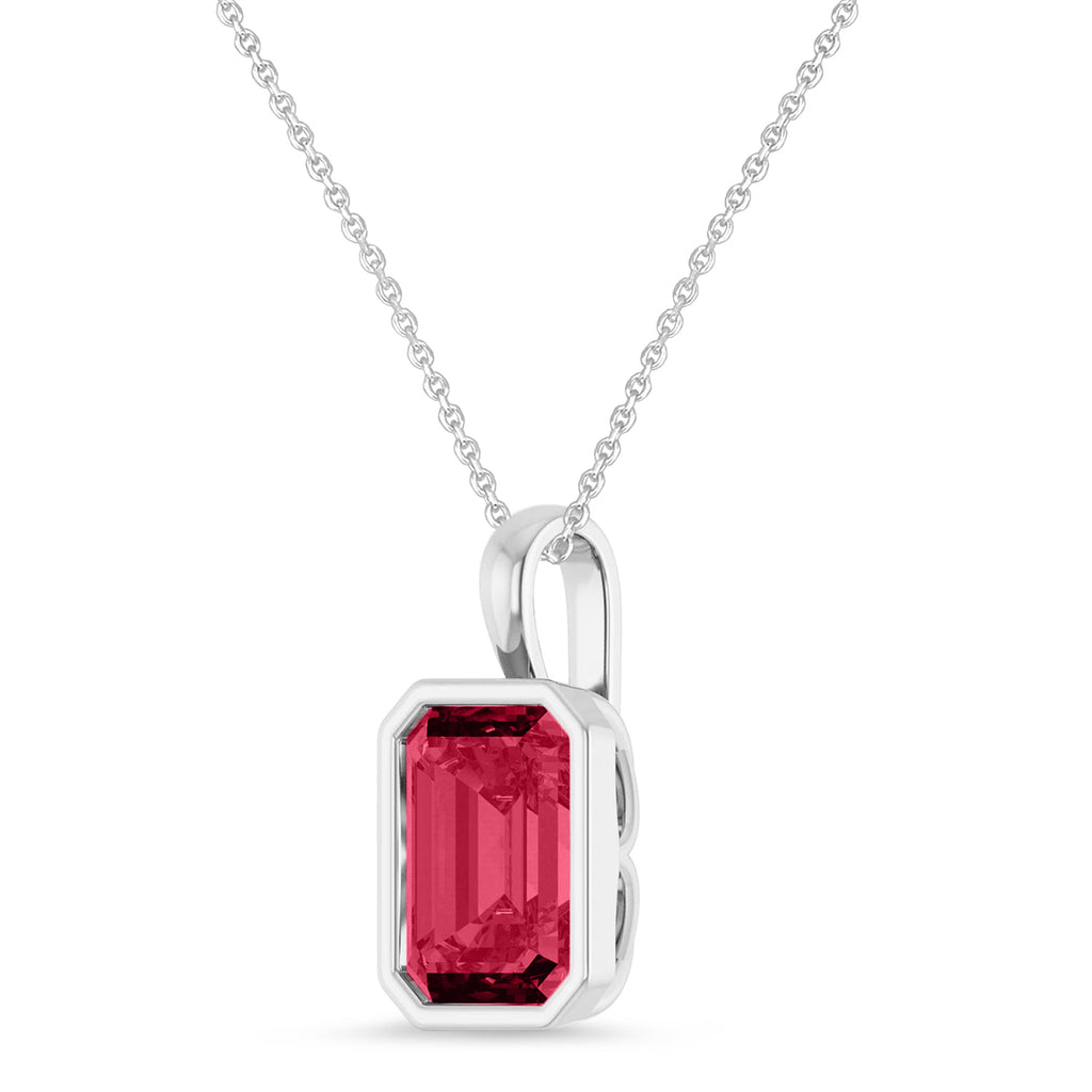 Emerald Cut Lab Ruby Bezel Set Pendant Necklace 14K White Gold (4.30ct)
