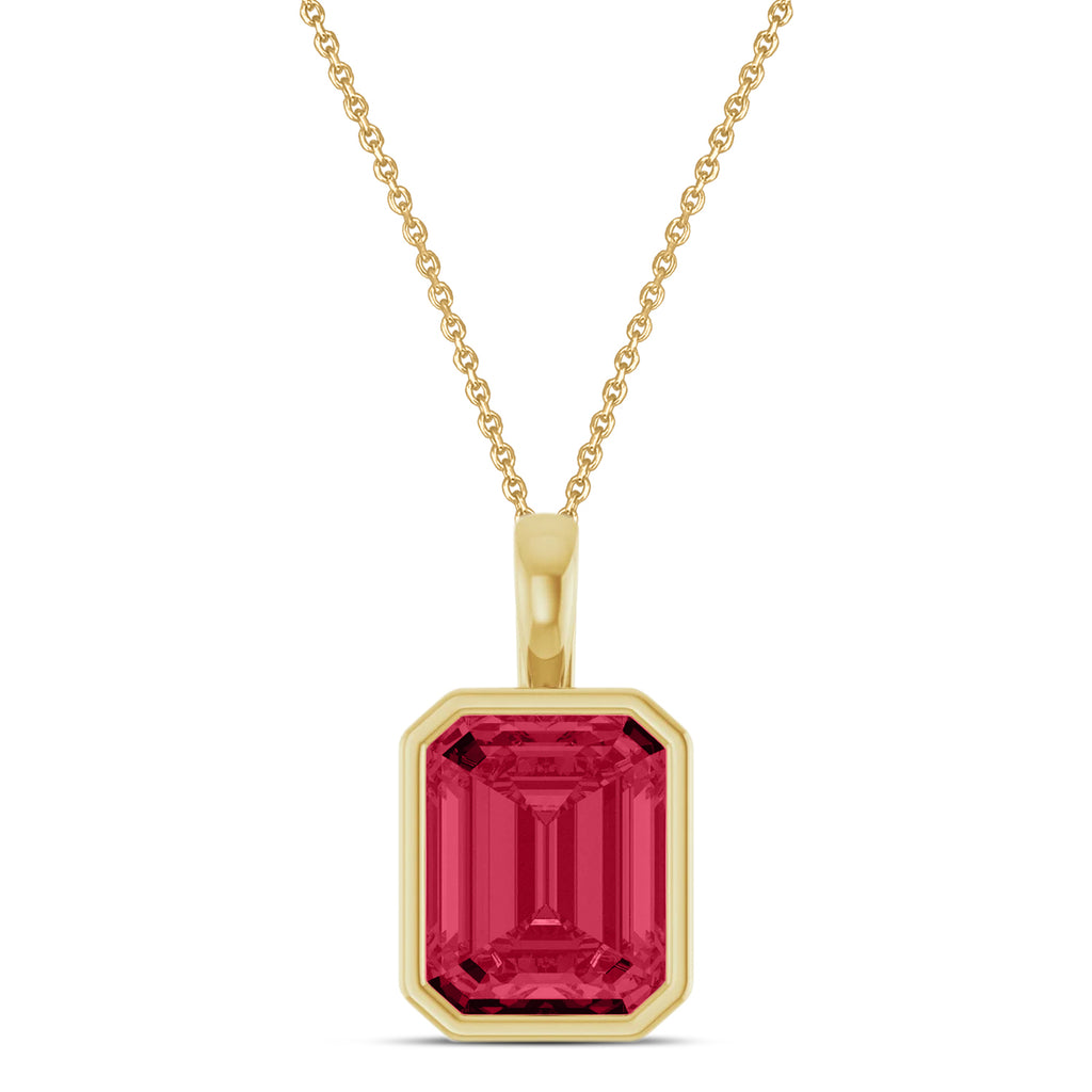 Emerald Cut Lab Ruby Bezel Set Pendant Necklace 14K Yellow Gold (4.30ct)