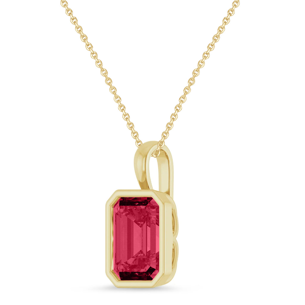 Emerald Cut Lab Ruby Bezel Set Pendant Necklace 14K Yellow Gold (4.30ct)
