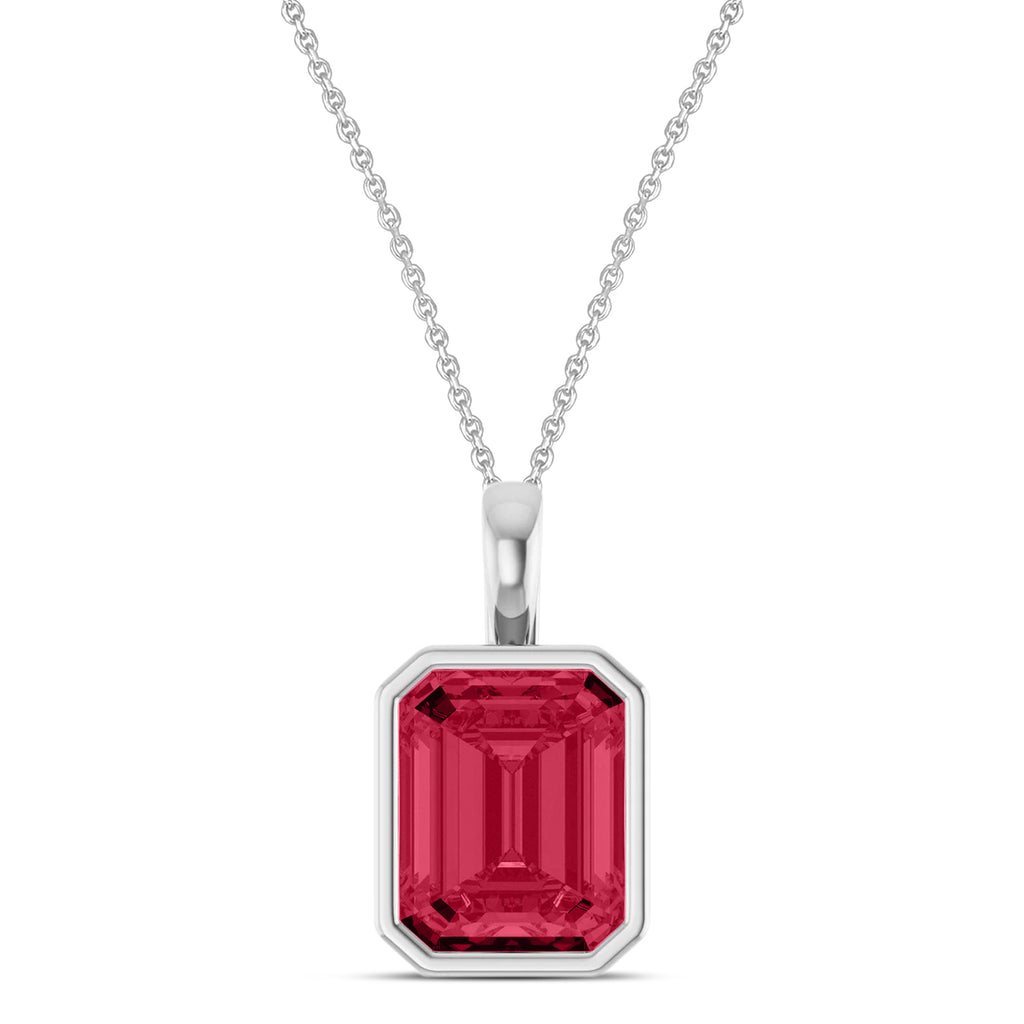 Emerald Cut Lab Ruby Bezel Set Pendant Necklace Sterling Silver (4.30ct)