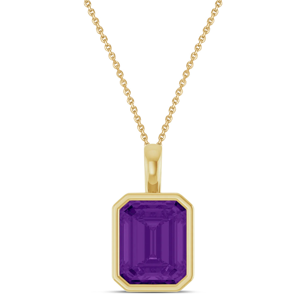 Emerald Cut Amethyst Bezel Set Pendant Necklace 14K Yellow Gold (3.12ct)