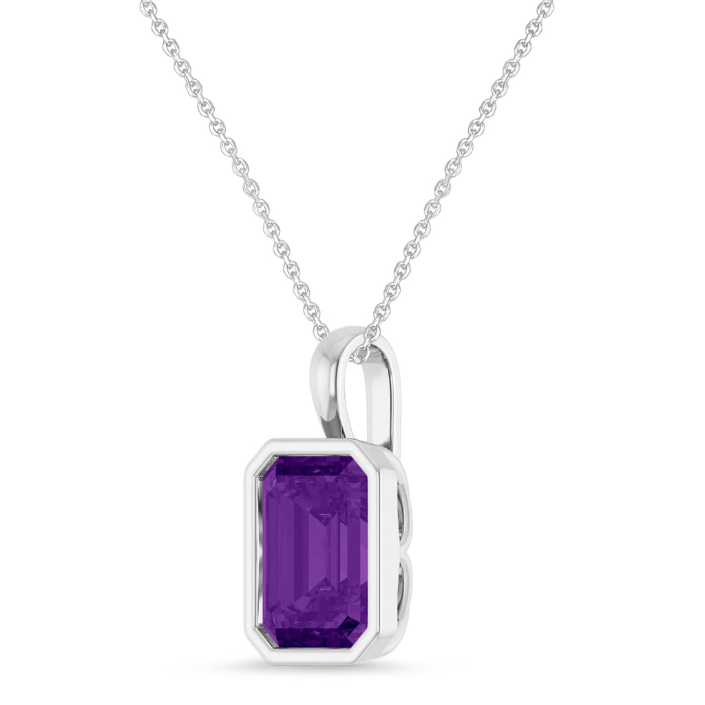 Emerald Cut Amethyst Bezel Set Pendant Necklace Sterling Silver (3.12ct)