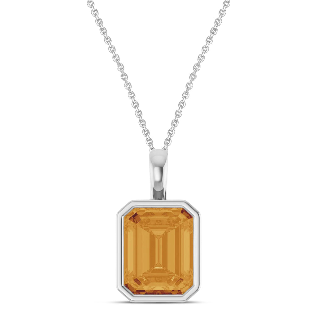 Emerald Cut Citrine Bezel Set Pendant Necklace 14K White Gold (3.10ct)