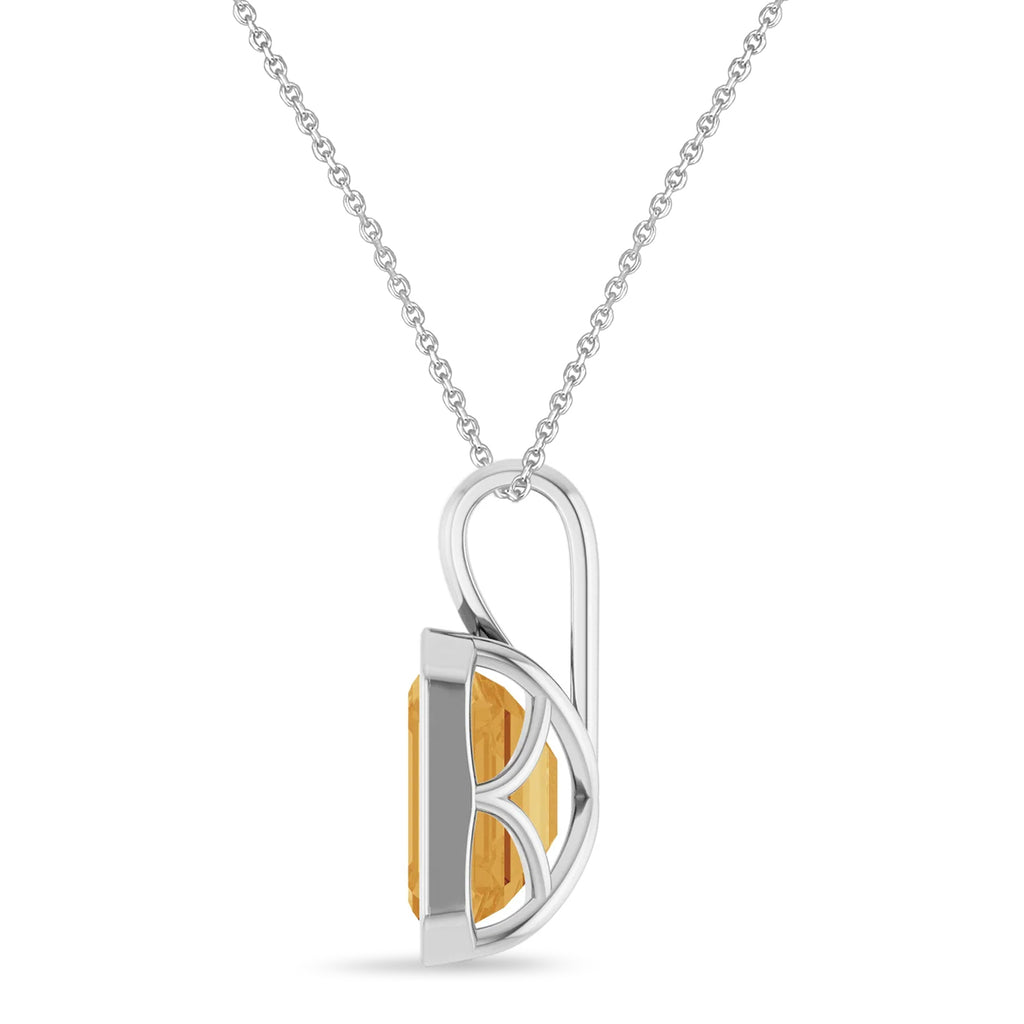 Emerald Cut Citrine Bezel Set Pendant Necklace 14K White Gold (3.10ct)