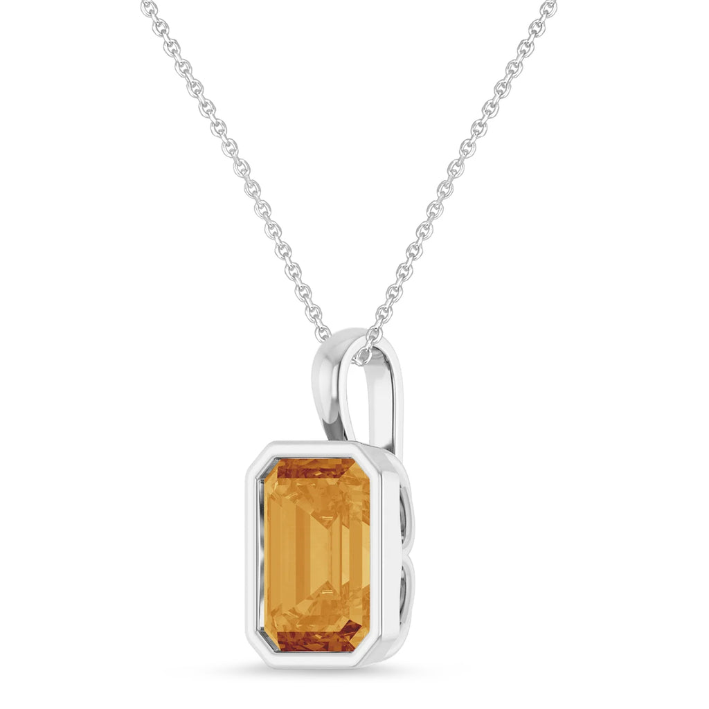 Emerald Cut Citrine Bezel Set Pendant Necklace Sterling Silver (3.10ct)
