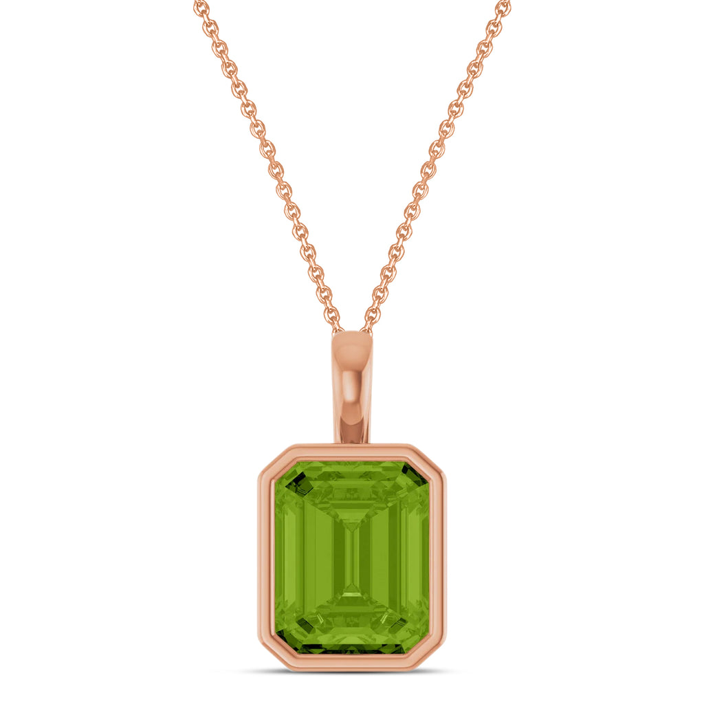 Emerald Cut Peridot Bezel Set Pendant Necklace 14K Rose Gold (3.63ct)