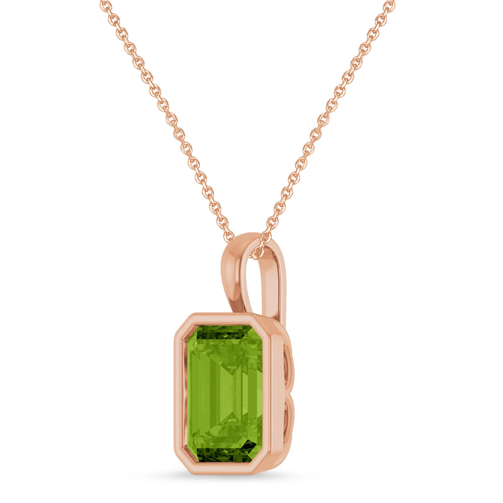 Emerald Cut Peridot Bezel Set Pendant Necklace 14K Rose Gold (3.63ct)