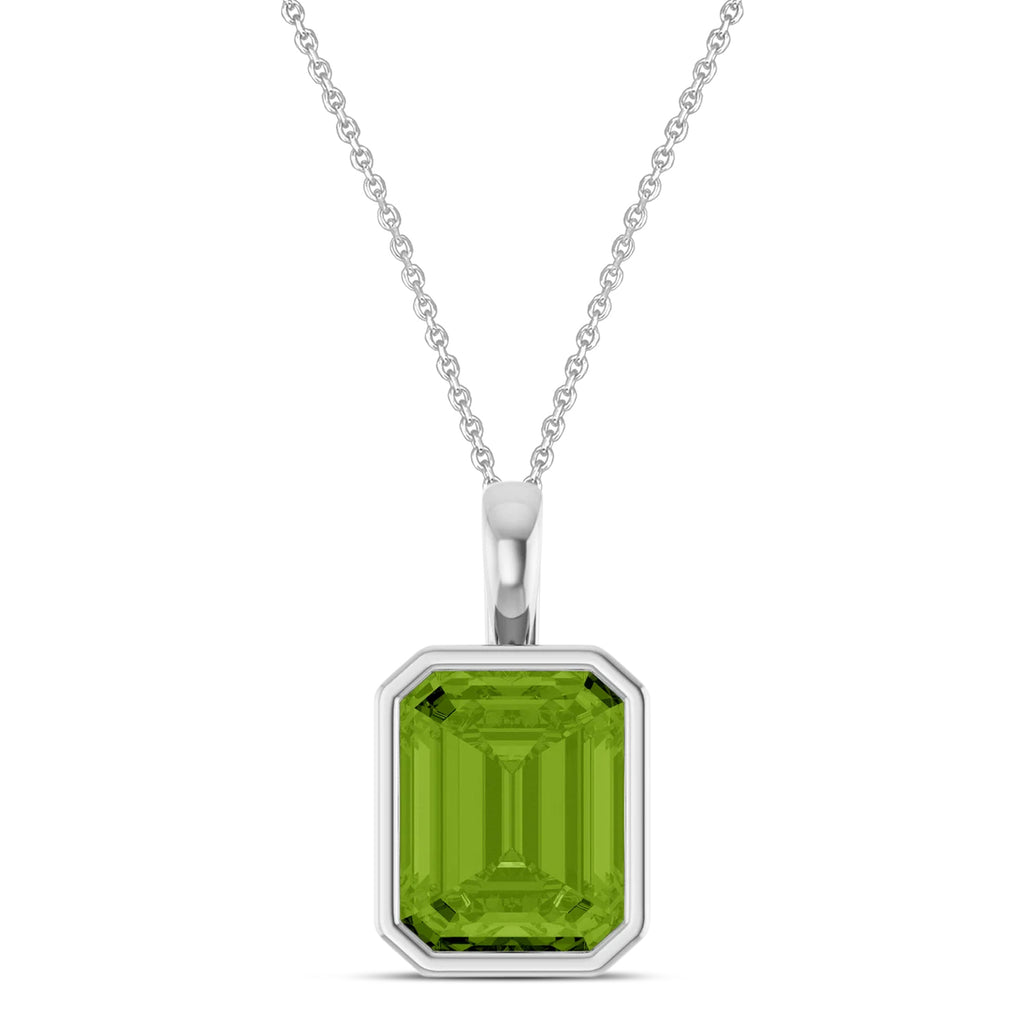 Emerald Cut Peridot Bezel Set Pendant Necklace 14K White Gold (3.63ct)