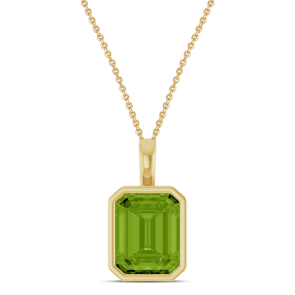 Emerald Cut Peridot Bezel Set Pendant Necklace 14K Yellow Gold (3.63ct)