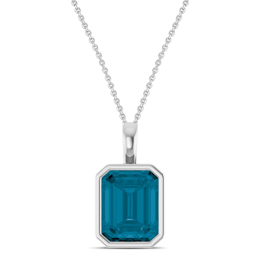 Emerald Cut London Blue Topaz Bezel Set Pendant Necklace 14K White Gold (4.03ct)