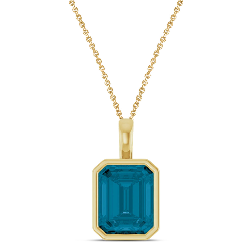 Emerald Cut London Blue Topaz Bezel Set Pendant Necklace 14K Yellow Gold (4.03ct)