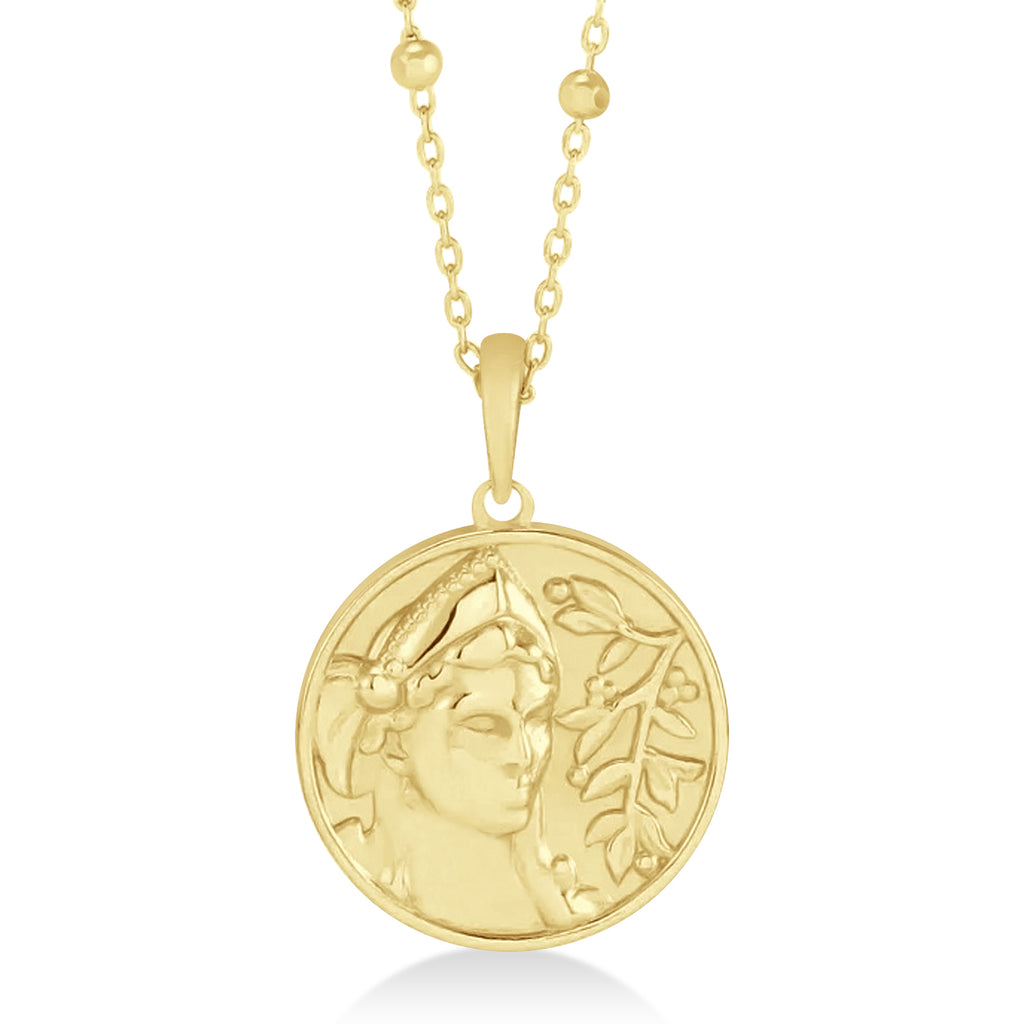 Athena Goddess of War Medallion Disk Pendant Necklace 14k Yellow Gold