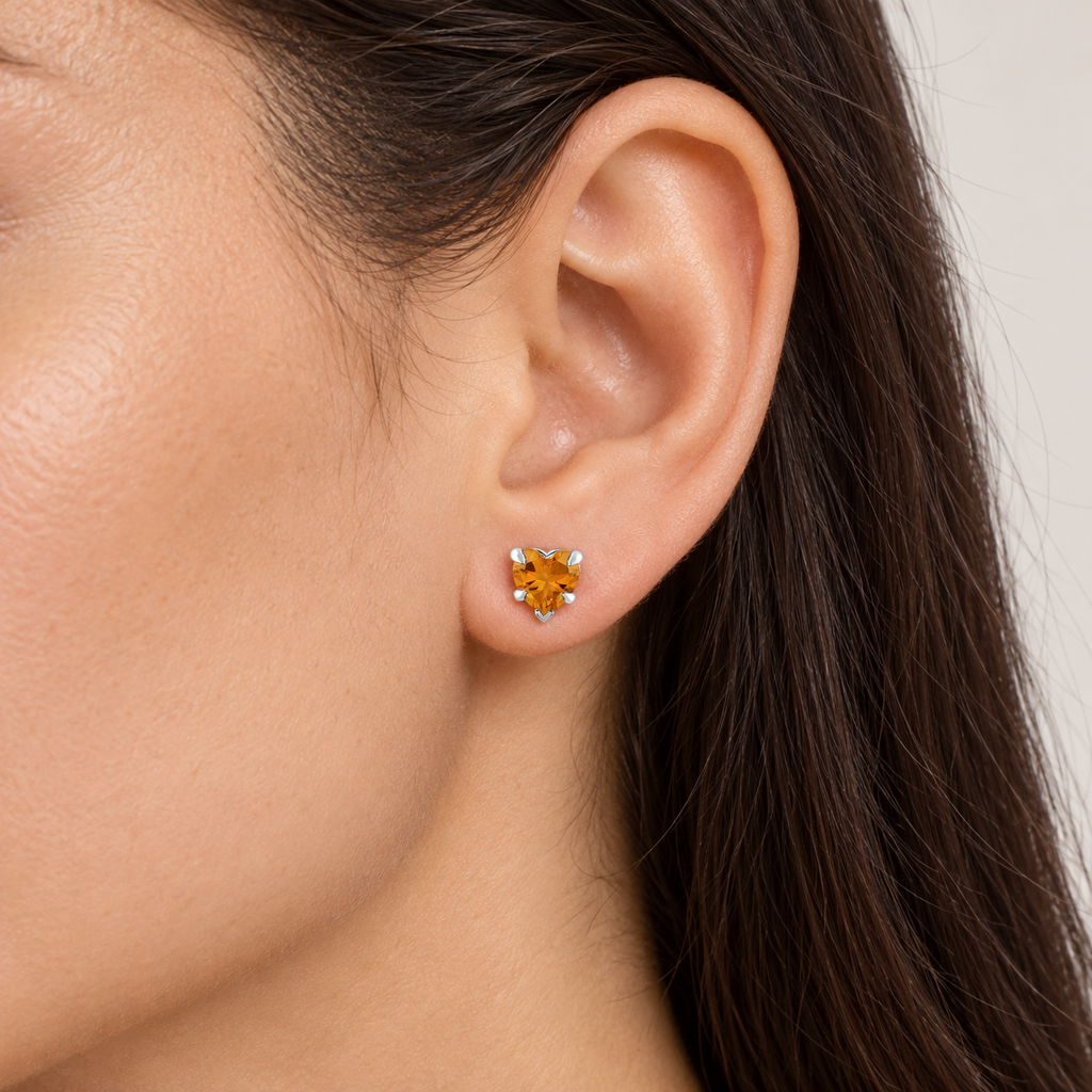 Heart natural citrine stud earrings 14K white gold — close view