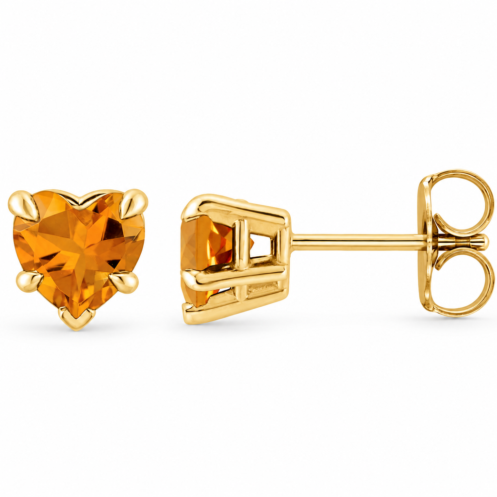 Heart natural citrine stud earrings 14K yellow gold — angle view