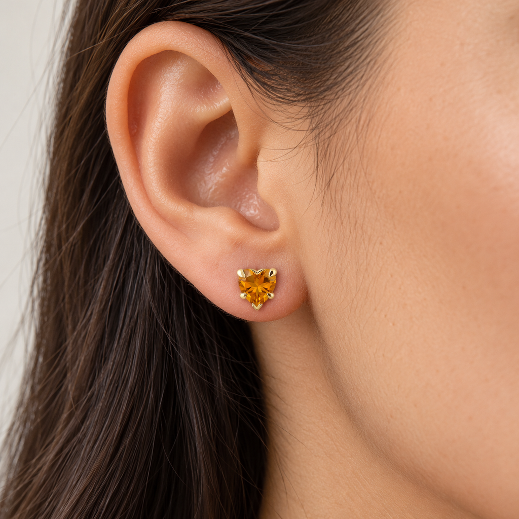 Heart natural citrine stud earrings 14K yellow gold — close view