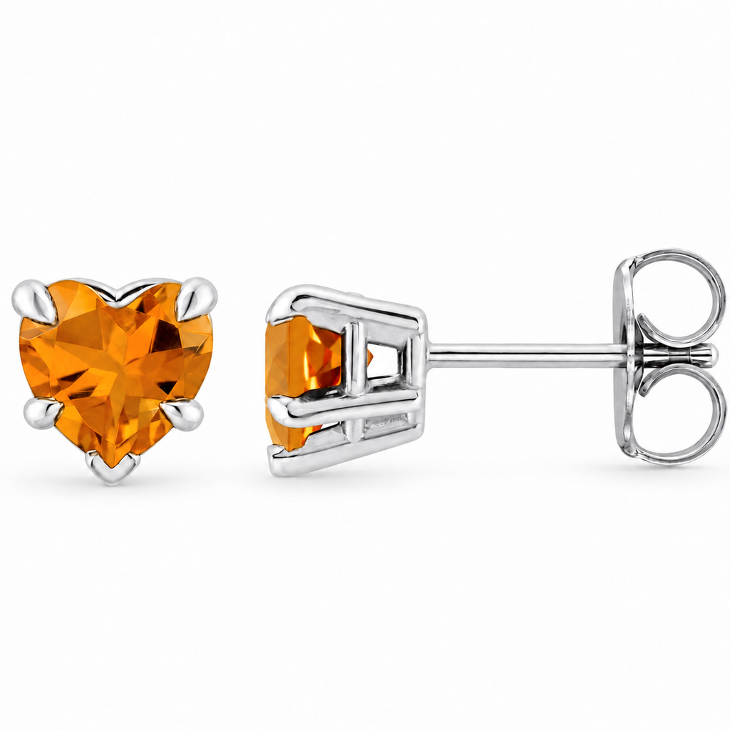 Heart natural citrine stud earrings 14K white gold — angle view, consistent scale