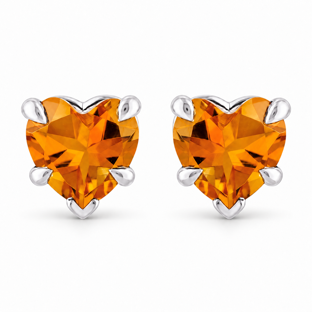 Heart natural citrine stud earrings 14K white gold — main view, consistent scale