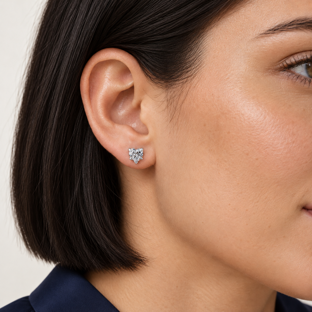 Heart Natural White Sapphire Stud Earrings Sterling Silver 1.30ct — close-up model