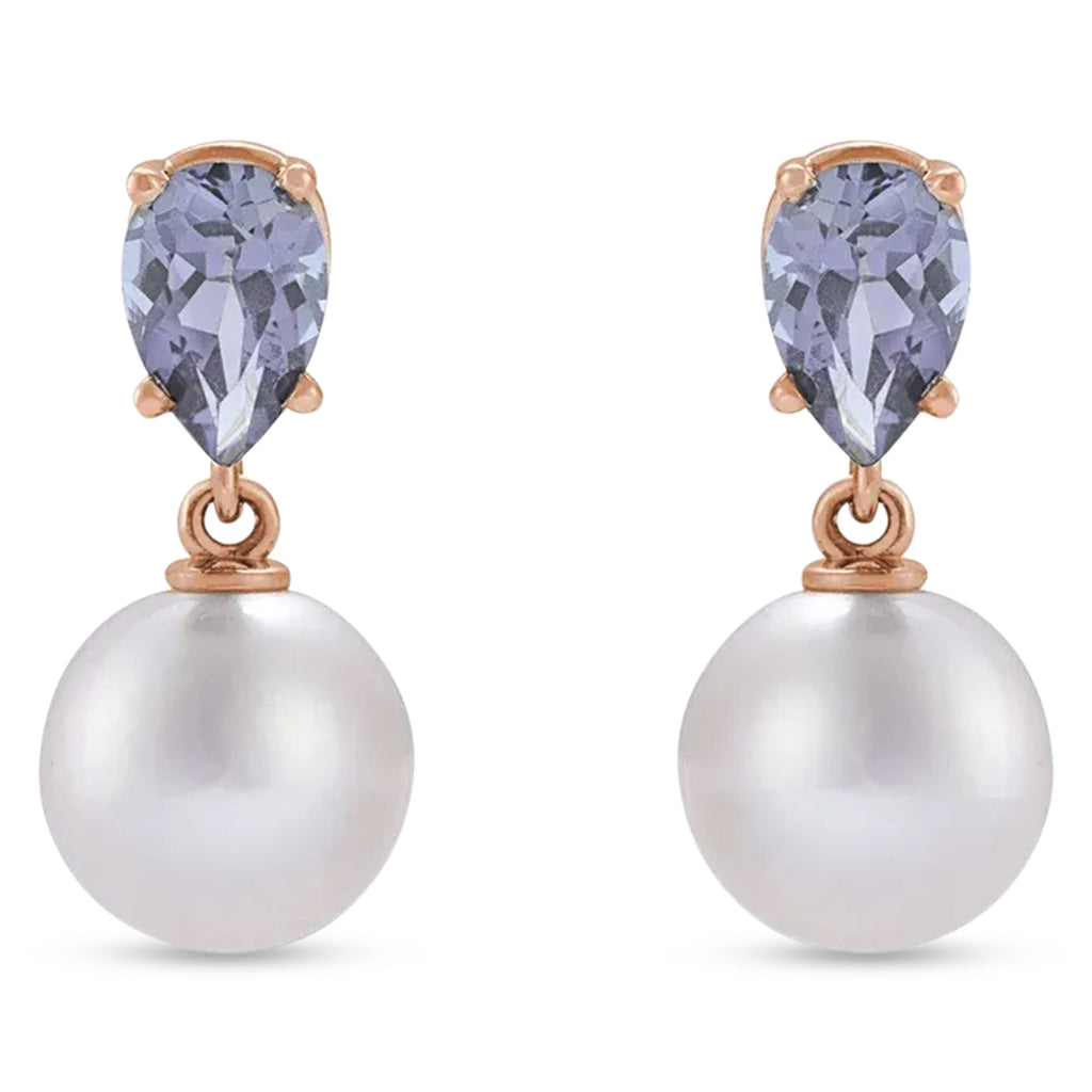 Natural Tanzanite & White Akoya Pearl Drop Earrings 14K Rose Gold (0.41ct)