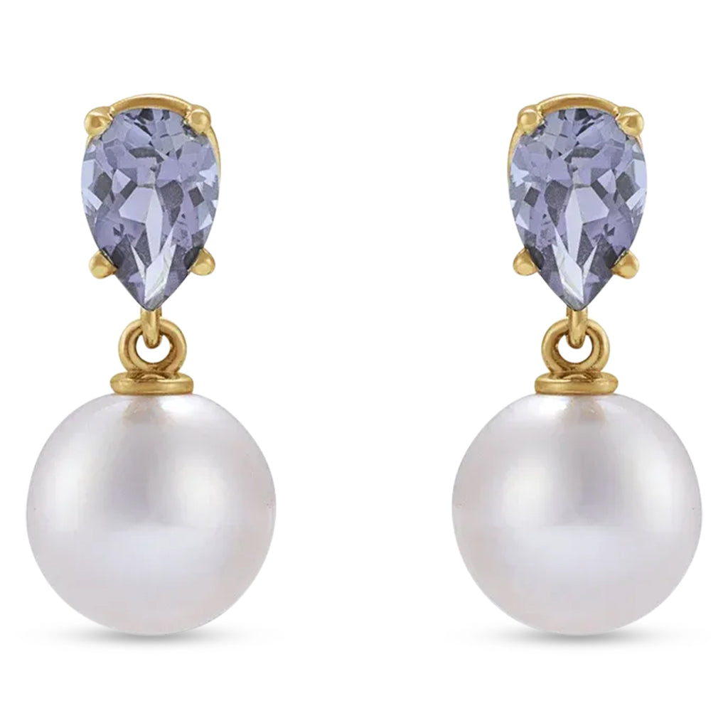 Natural Tanzanite & White Akoya Pearl Drop Earrings 14K Yellow Gold (0.41ct)