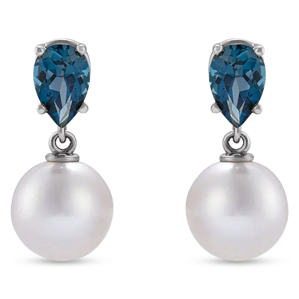Natural London Blue Topaz & White Akoya Pearl Drop Earrings 14K White Gold (0.48ct)