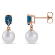 Natural London Blue Topaz & White Akoya Pearl Drop Earrings 14K Rose Gold (0.48ct)