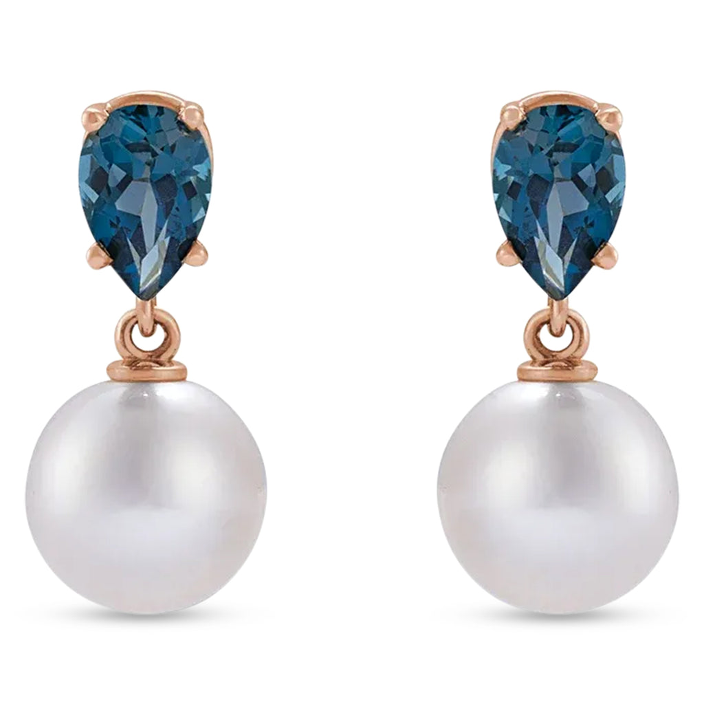 Natural London Blue Topaz & White Akoya Pearl Drop Earrings 14K Rose Gold (0.48ct)