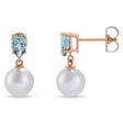 Natural Aquamarine & White Akoya Pearl Drop Earrings 14K Rose Gold (0.35ct)