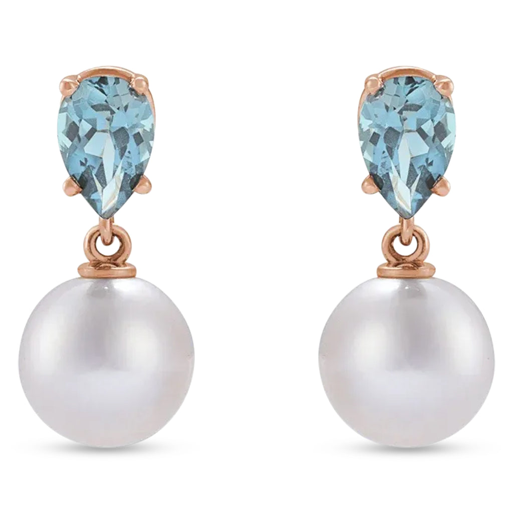 Natural Aquamarine & White Akoya Pearl Drop Earrings 14K Rose Gold (0.35ct)